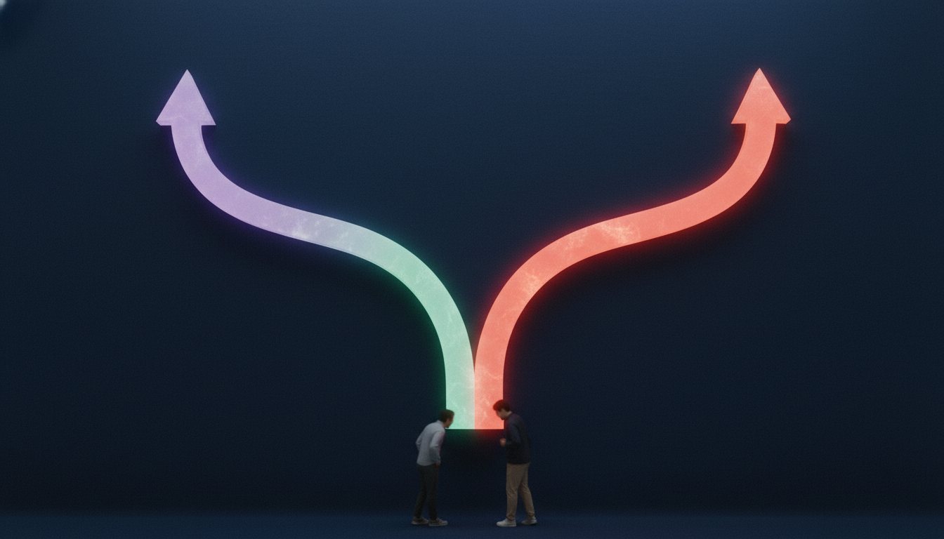 Two paths represented by violet and coral light, suggesting a clear choice between legitimate and risky.