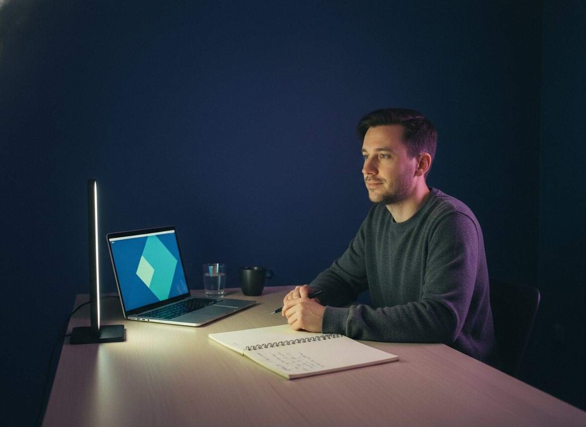A creator working at a tidy desk with a laptop, planning content.