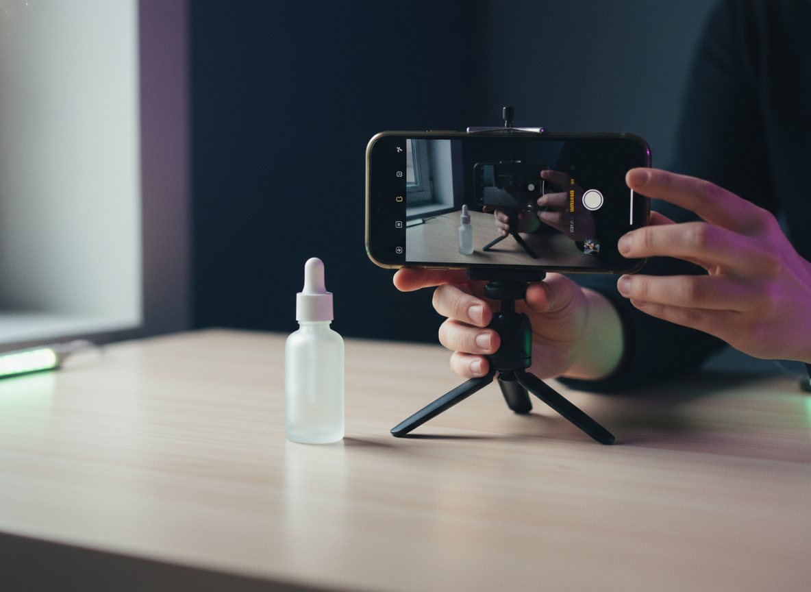 A person filming a short honest product review on a phone at a tidy desk.