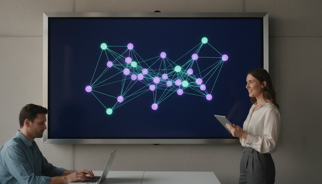 Abstract violet and mint network nodes connected by glowing links.