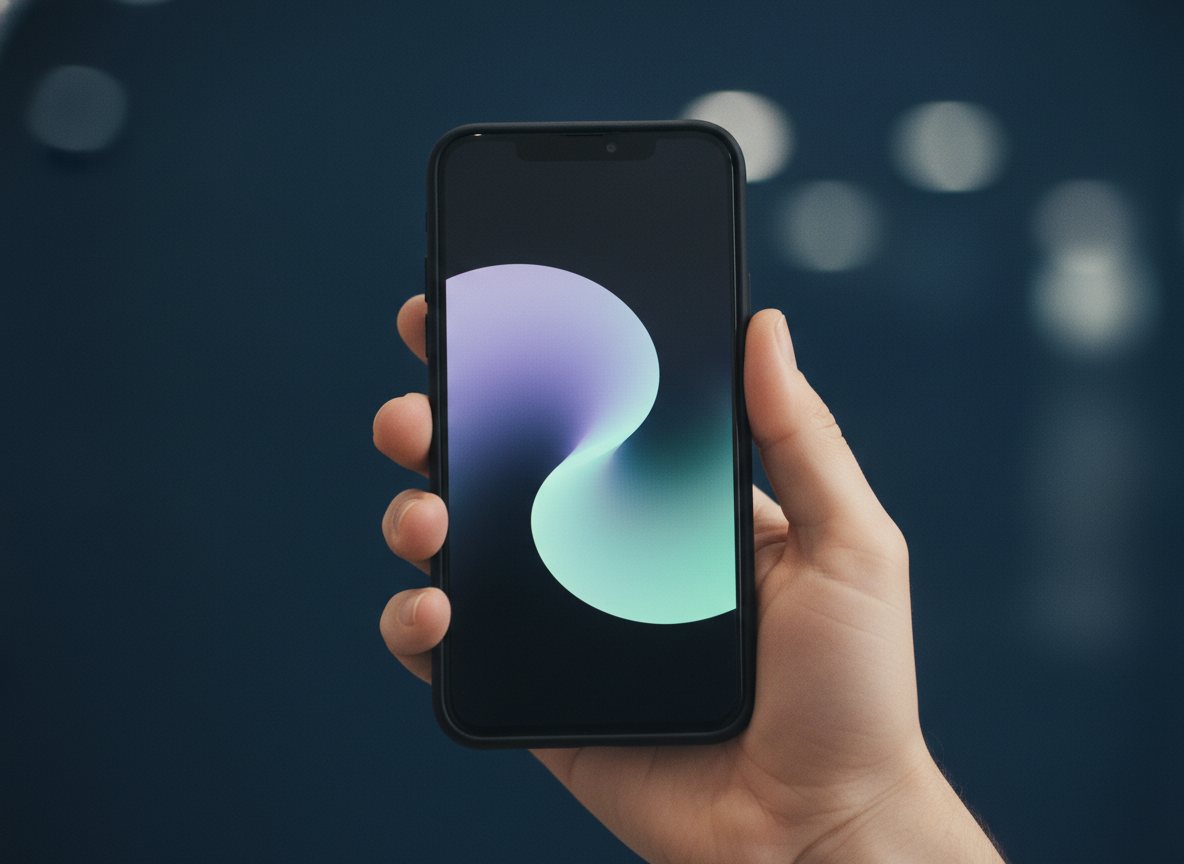 A hand holding a phone with an abstract violet and mint glow.