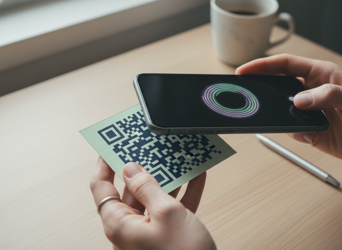 A QR code on a small card being scanned with a phone.