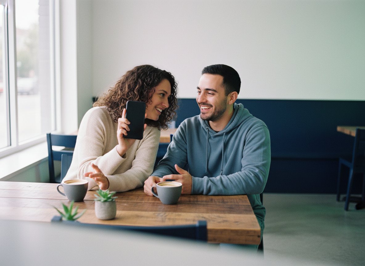 Two friends sharing a recommendation over coffee, one showing the other something on a phone.