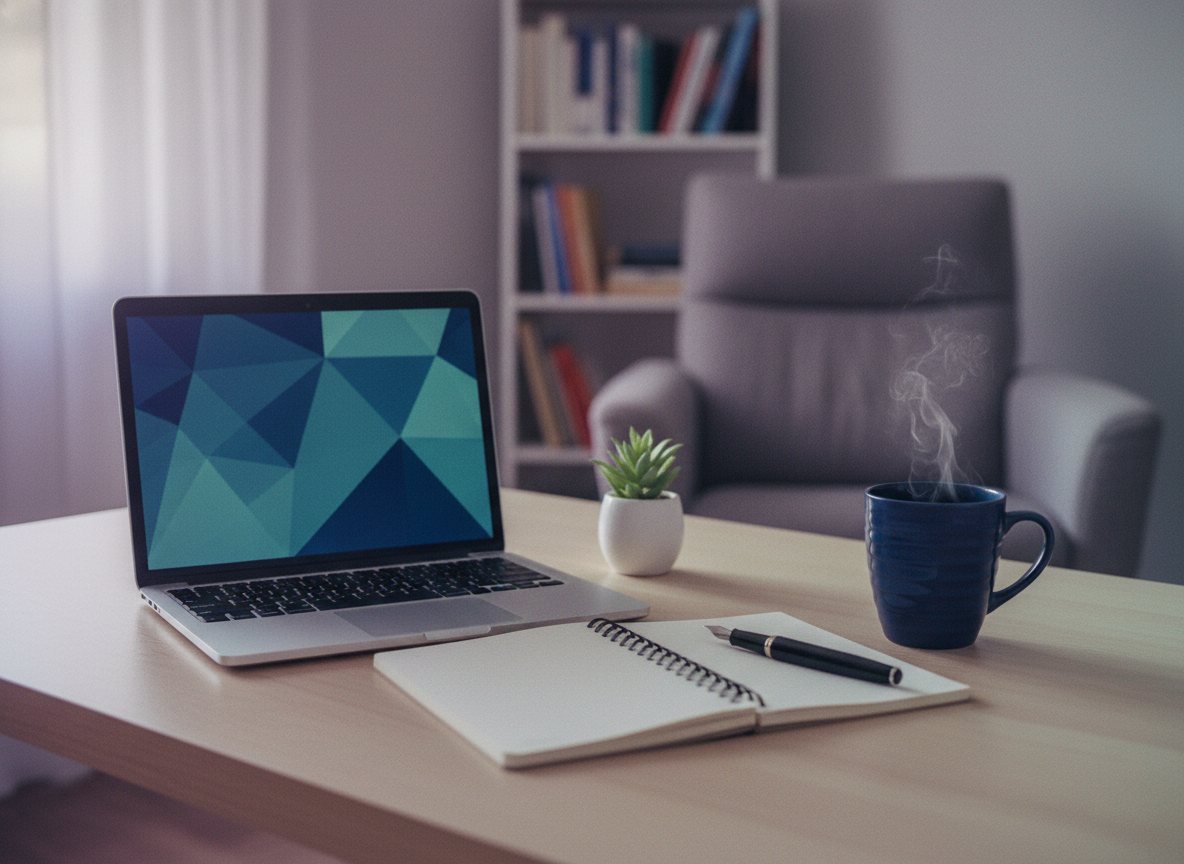 A small, grounded home workspace with a laptop and notebook.